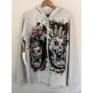 NWT Reason Multicolor Graphic Print Zip Hoodie Skulls Chaos Streetwear Size L